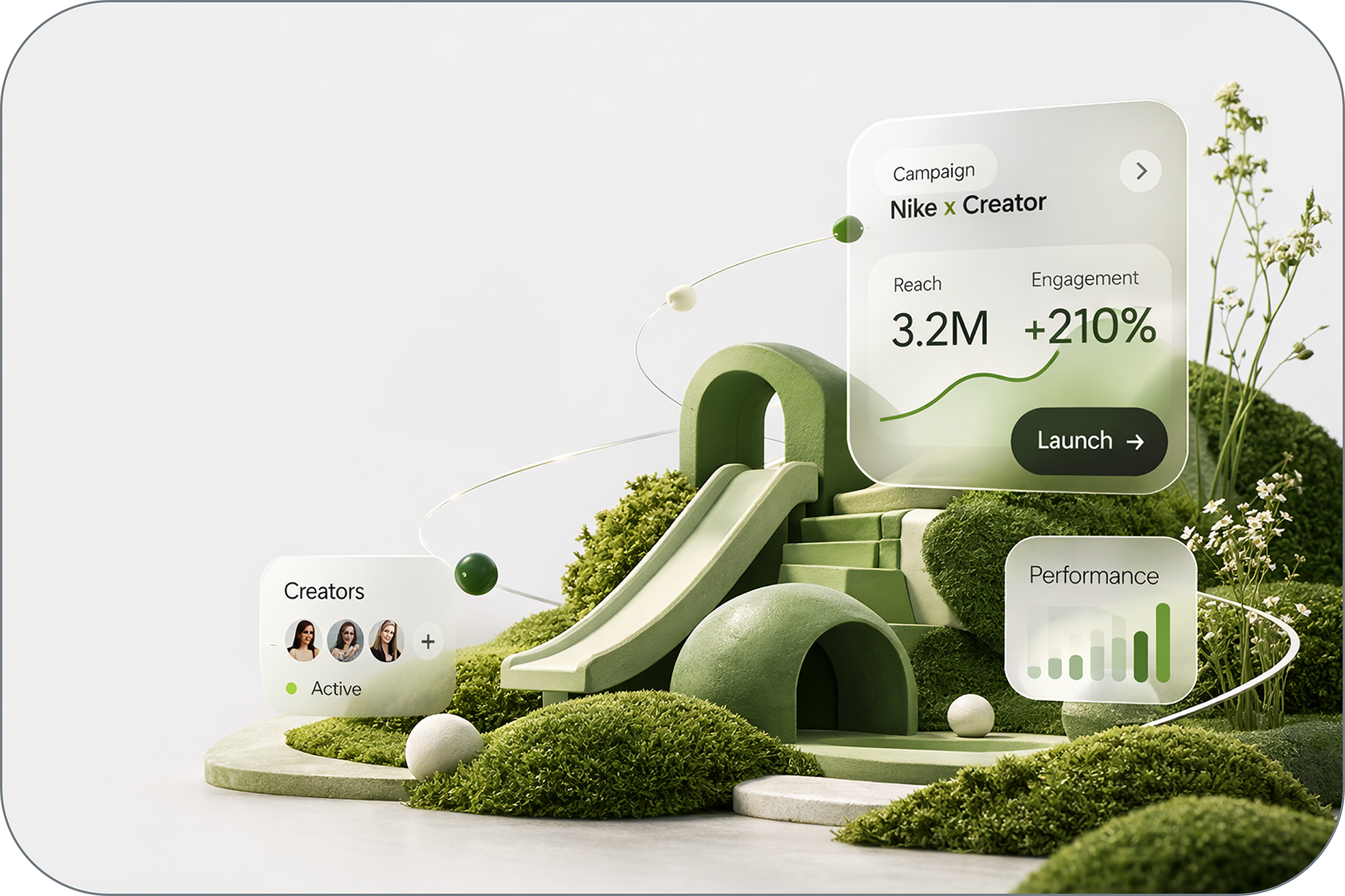 A 3D green playground landscape orbited by campaign performance cards showing 3.2M creator reach and +210% engagement