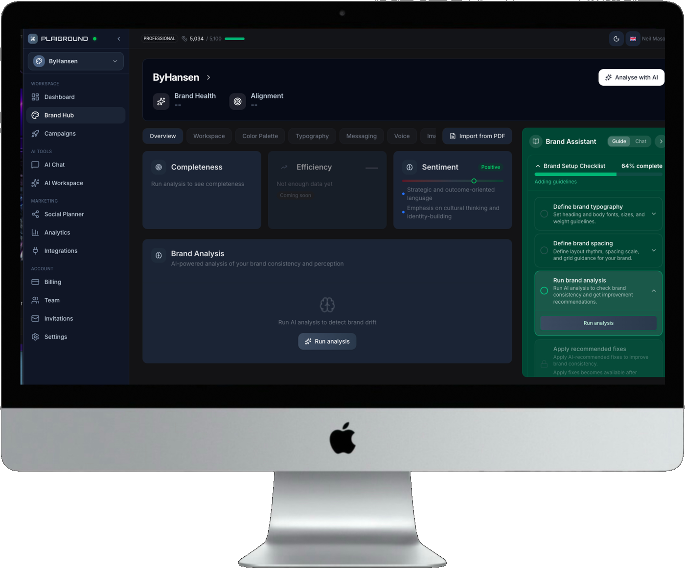 Plaiground Brand Hub overview screen showing brand health, sentiment analysis and a brand setup checklist