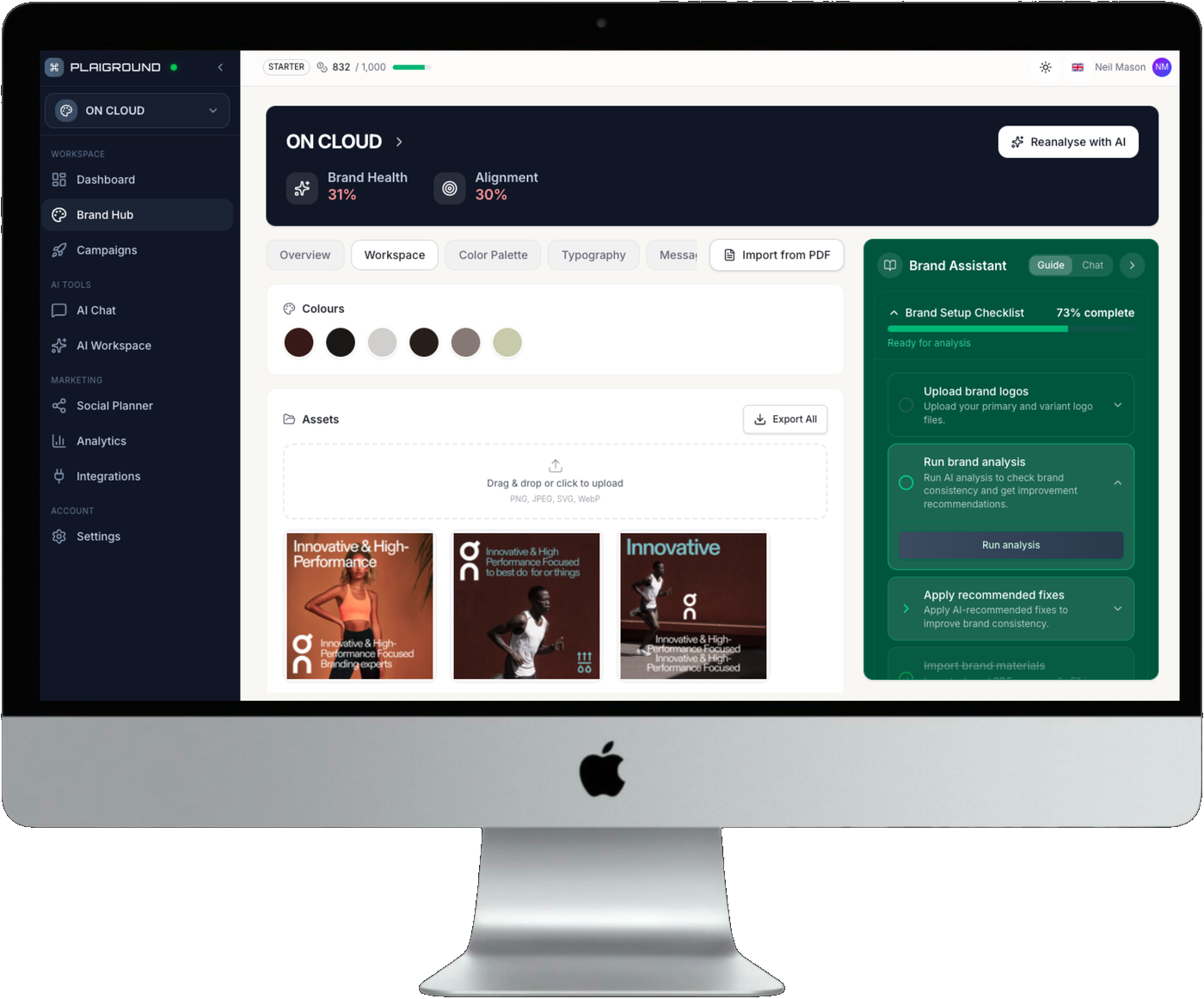 Plaiground Brand Hub workspace showing a brand colour palette, uploaded assets and the brand assistant panel