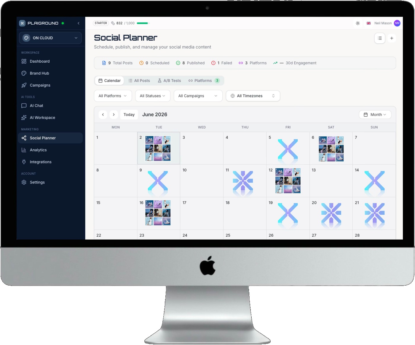 Plaiground Social Planner showing a monthly content calendar with scheduled social posts