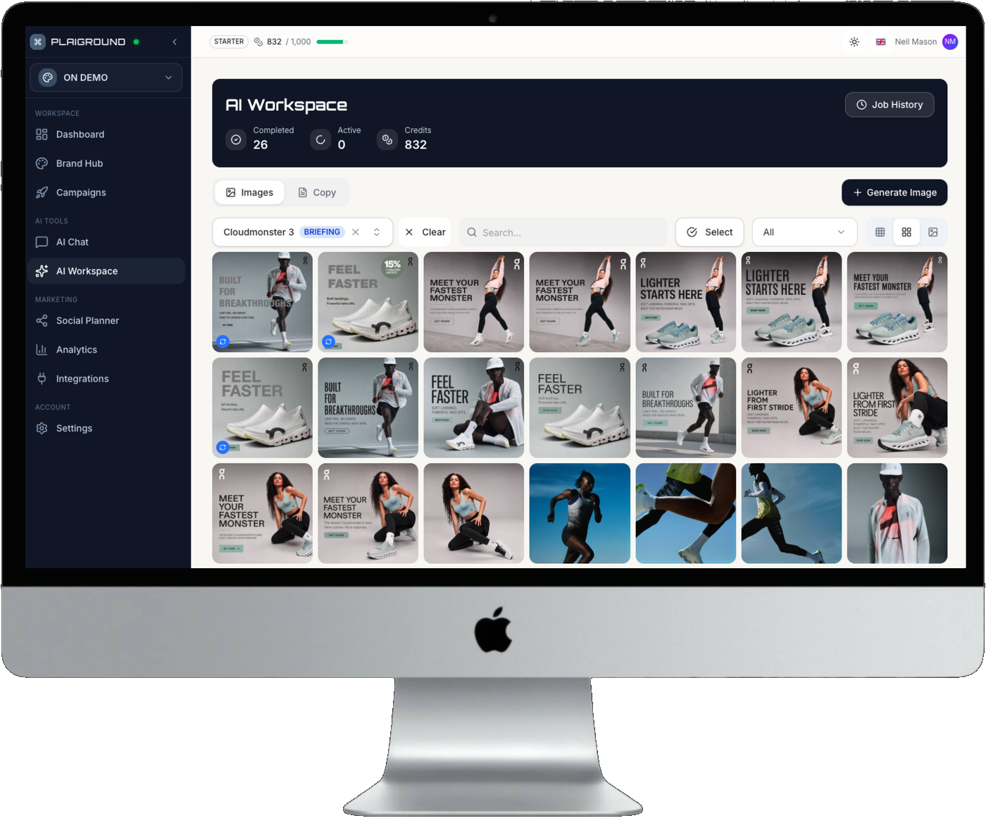 Plaiground AI Workspace showing a grid of AI-generated campaign images
